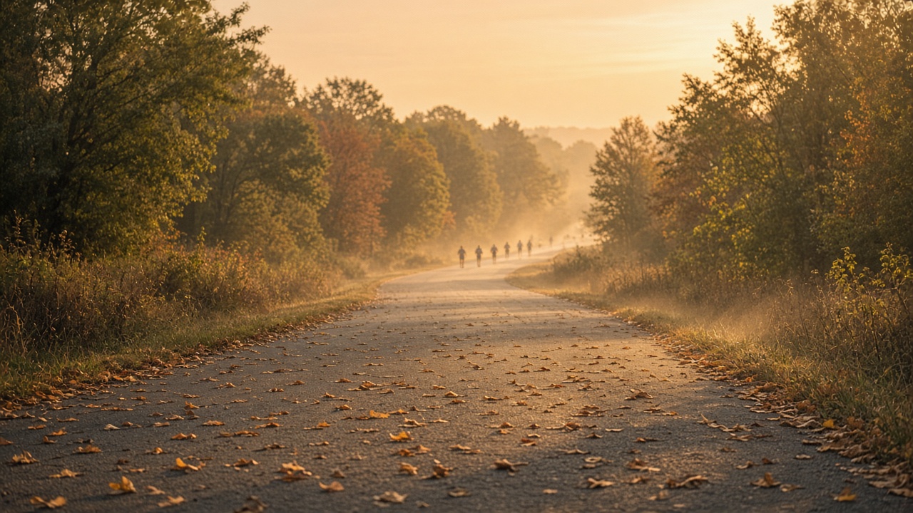 Autumn morning path with warm haze and early fall leaves
