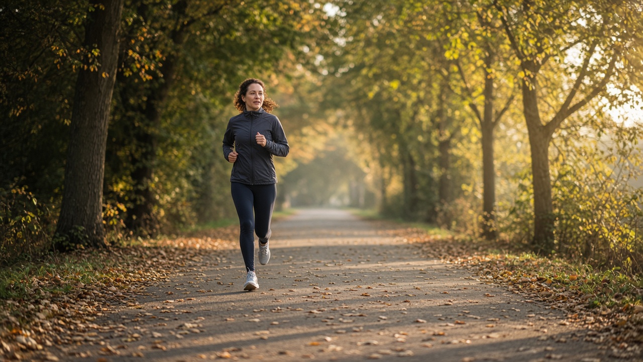 Runner jogging relaxed on a quiet tree-lined path in soft late-September morning light