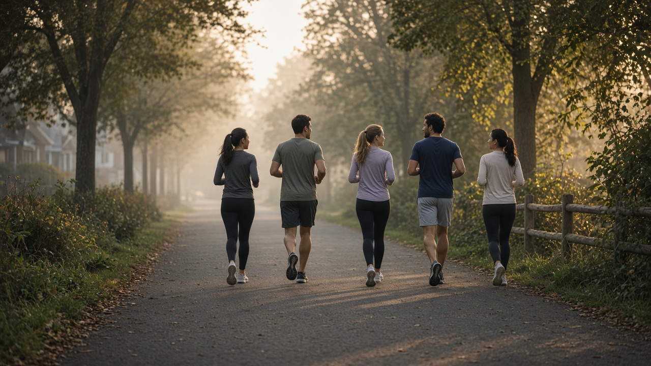 Small group of runners on a morning path