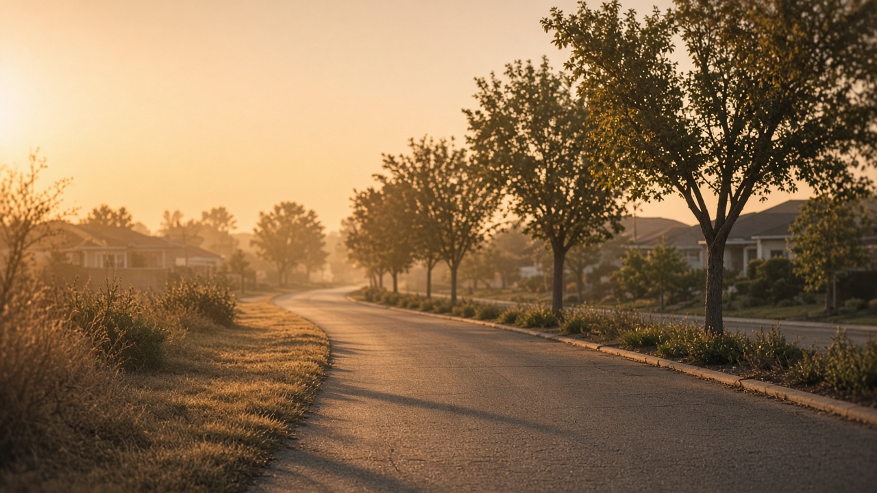 Warm hazy early-morning suburban running path with soft heat shimmer